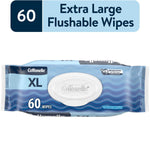 Cottonelle XL flushable wipes pack with white flip-top lid and '60 wipes' label on blue wavy packaging.