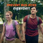 Two hikers holding hands in a wooded area with overlay text urging prevention of bug bites every day