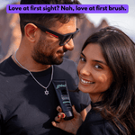 Smiling couple with woman holding a black tube of Grind toothpaste in a candid outdoor lifestyle shot with headline text