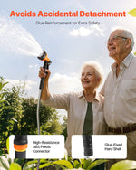 Older couple using a stainless-steel garden hose with spray nozzle outdoors, product detail callouts below
