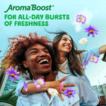 Smiling young couple with floating flowers and 'AromaBoost' text promoting all-day bursts of freshness