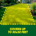 Lawn area highlighted by yellow dashed lines illustrating coverage with caption 'Covers up to 30x30 feet'