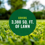 Photograph of lawn grass with a green circular badge stating 'Covers 3,380 sq. ft. of lawn' in foreground.