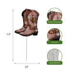 Product dimension infographic showing metal cowboy boot garden stake with measurements and feature callouts for craftsmanship and waterproofing.