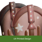 Close-up of the top cuff and printed cactus and star details on a metal cowboy boot garden stake with 'UV Printed Design' label.