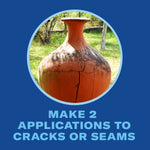 Cracked clay pot image inside a circular frame on blue background with instruction text 'Make 2 applications to cracks or seams'