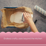 Top-down shot of hands pouring a craft material into a parchment-lined pan, promoting craft uses beyond kitchen