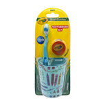Full-front product shot of Crayola Brush Buddies packaged set with toothbrush, holographic cap and patterned cup