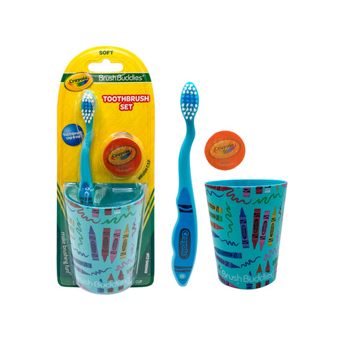 Crayola Brush Buddies toothbrush set in blister pack with blue toothbrush, holographic cap and patterned rinse cup