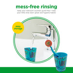 Photo showing toothbrush and rinse cup at a sink with running tap, demonstrating mess-free rinsing and storage