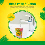 Rinse cup with Crayola logo shown under a faucet in a circular frame promoting mess-free rinsing and storage
