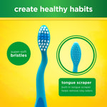 Graphic panel highlighting super-soft bristles and built-in tongue scraper on blue Crayola toothbrush