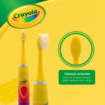 Close-up product feature graphic with Crayola logo showing toothbrush heads and a circled built-in tongue scraper detail.