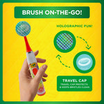 Hand holding a Crayola sonic toothbrush with inset graphics showing holographic travel cap protecting bristles