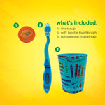 Bright product graphic on yellow background showing toothbrush, rinse cup and round holographic travel cap with included list