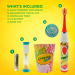 Exploded product layout on yellow background showing toothbrush, rinse cup, hourglass timer and AA battery