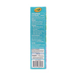 Narrow side panel of Crayola toothpaste box showing drug facts, ingredients, barcode and Crayola logo