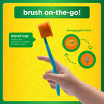 Promotional graphic showing travel cap protecting toothbrush bristles and two holographic cap designs
