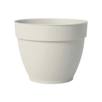 Cream-colored round plastic planter with a wide rolled rim against a white background.