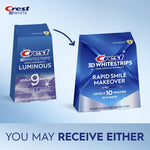 Two Crest 3D Whitestrips boxes showing older luminous pack and Rapid Smile Makeover with arrow and text you may receive either