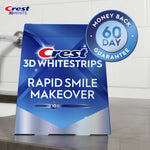 Crest 3D Whitestrips Rapid Smile Makeover box on countertop with 60 day money back guarantee badge