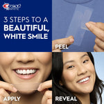 Instructional collage showing peel, apply, reveal steps for Crest 3D Whitestrips with smiling models