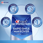 Crest 3D Whitestrips Rapid Smile Makeover box surrounded by circular badges highlighting enamel safe and visible results