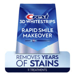 Blue Crest 3D Whitestrips Rapid Smile Makeover product graphic with “Removes years of stains” badge