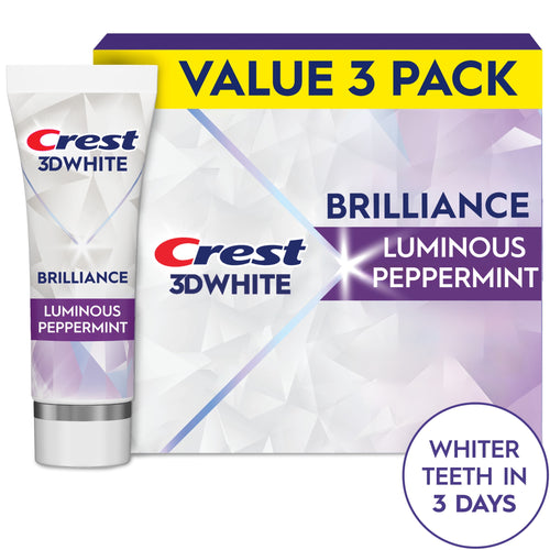 Crest 3D White Brilliance packaging and tube with luminous peppermint branding and value 3 pack callout