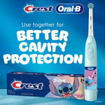 Oral-B and Crest co-branded image showing the Stitch toothbrush standing next to a Crest toothpaste box and cavity protection claim.