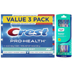 Crest Pro-Health value 3-pack toothpaste box alongside an Equate Rotation toothbrush 4-piece blister pack