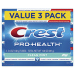 Crest Pro-Health value 3-pack clean mint toothpaste box with bold Crest logo and product claims on blue packaging