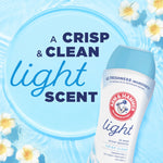 Blue water background with plumeria flowers and an Arm & Hammer Light bottle next to text “A crisp & clean light scent”