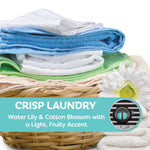 Stacked clean towels and a daisy with teal banner reading Crisp Laundry and small vent diffuser inset