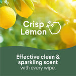 Graphic of lemons on a sunlit branch with text reading "Crisp Lemon" and messaging about an effective clean and sparkling scent.