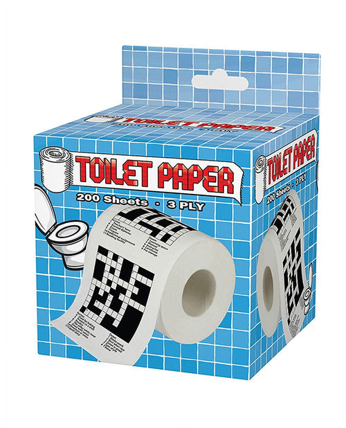 Blue tiled boxed package showing a crossword-printed toilet paper roll and toilet graphics