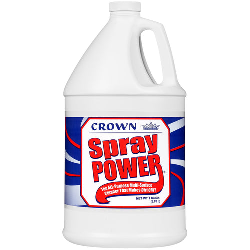 White one-gallon jug of Crown Spray Power multi-surface cleaner with bold red and blue front label