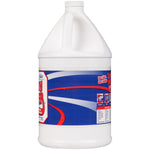 Side view of a white Crown Spray Power gallon jug showing blue and red label wrap and small product icons
