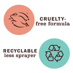 Two circular icons: a leaping rabbit labeled 'cruelty-free formula' and a recycling symbol with text