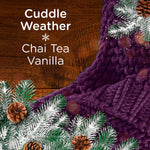 Graphic panel with text 'Cuddle Weather' and 'Chai Tea Vanilla' over a purple knitted blanket and evergreen pine accents.