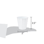 Graphic of a white disposable cup shown on a hand silhouette with measurements indicating about 2" width and 2.5" height.