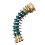 Curved section of a hose connector with large chrome coil spring and brass end cap on a green reinforced hose