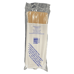 Rear view of a packaged mop head showing barcode, printed instructions and a folded paper label inside clear plastic.