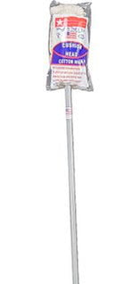 Assembled mop with a packaged Cushion Head Cotton Mop replacement head attached to a white handle against a plain background.