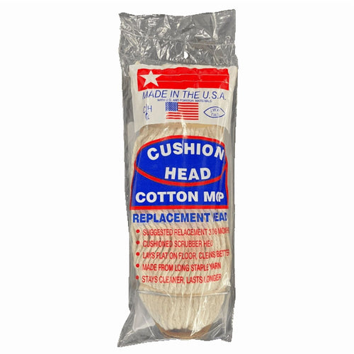 Packaged Cushion Head Cotton Mop replacement head in clear plastic with blue and red label reading 'CUSHION HEAD COTTON MOP'.