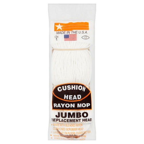 Packaged Cushion Head jumbo rayon mop replacement head with visible label and USA flag