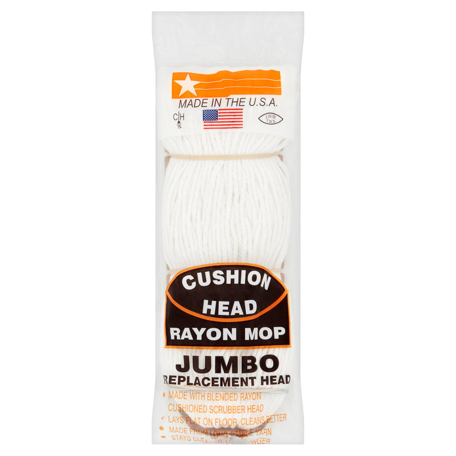 Packaged Cushion Head jumbo rayon mop replacement head with visible label and USA flag