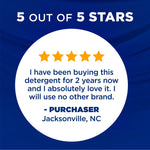 Circular five-star customer review graphic with quoted testimonial and purchaser location