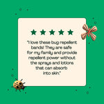 Customer-style quote graphic on green background praising the bug repellent bands with five-star icons and decorative insects