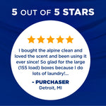 Circular customer review badge with five stars and a testimonial praising the Alpine Clean scent and large 155-load box